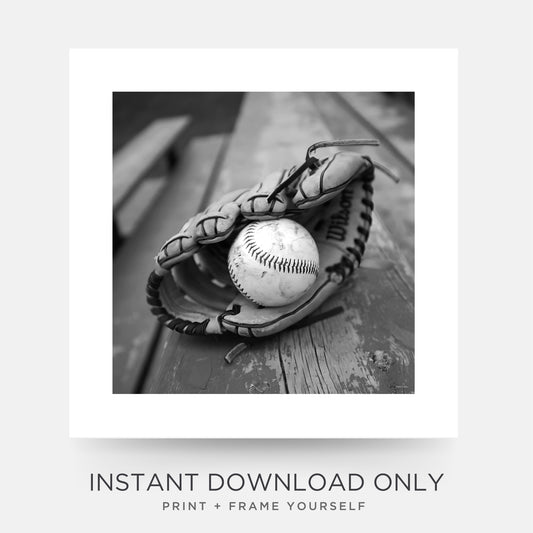 Baseball in Glove Poster in Black & White SQUARE Instant Download