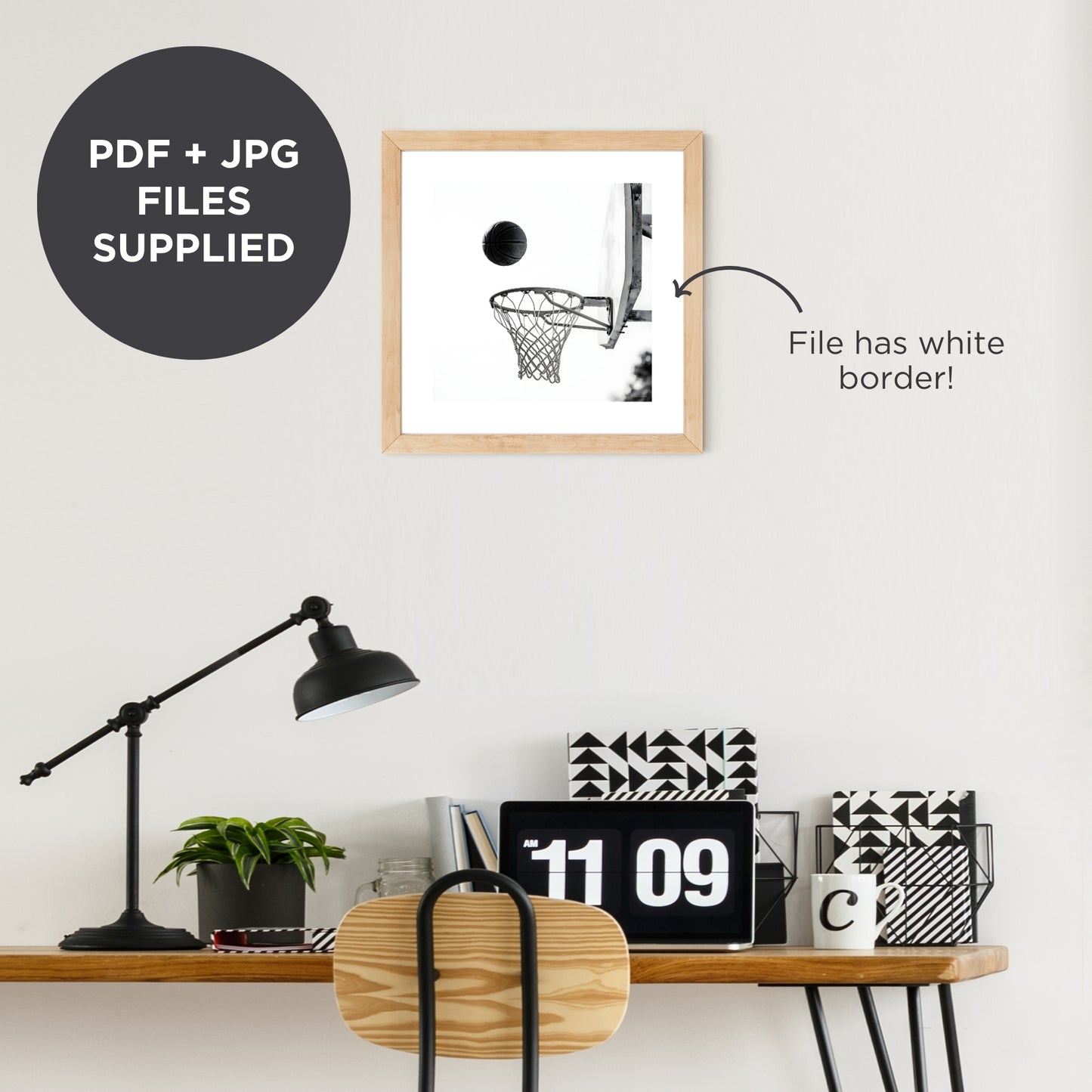 Basketball Hoop Poster in Black & White SQUARE Instant Download