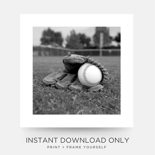 Baseball Glove on Field Poster in Black & White SQUARE Instant Download