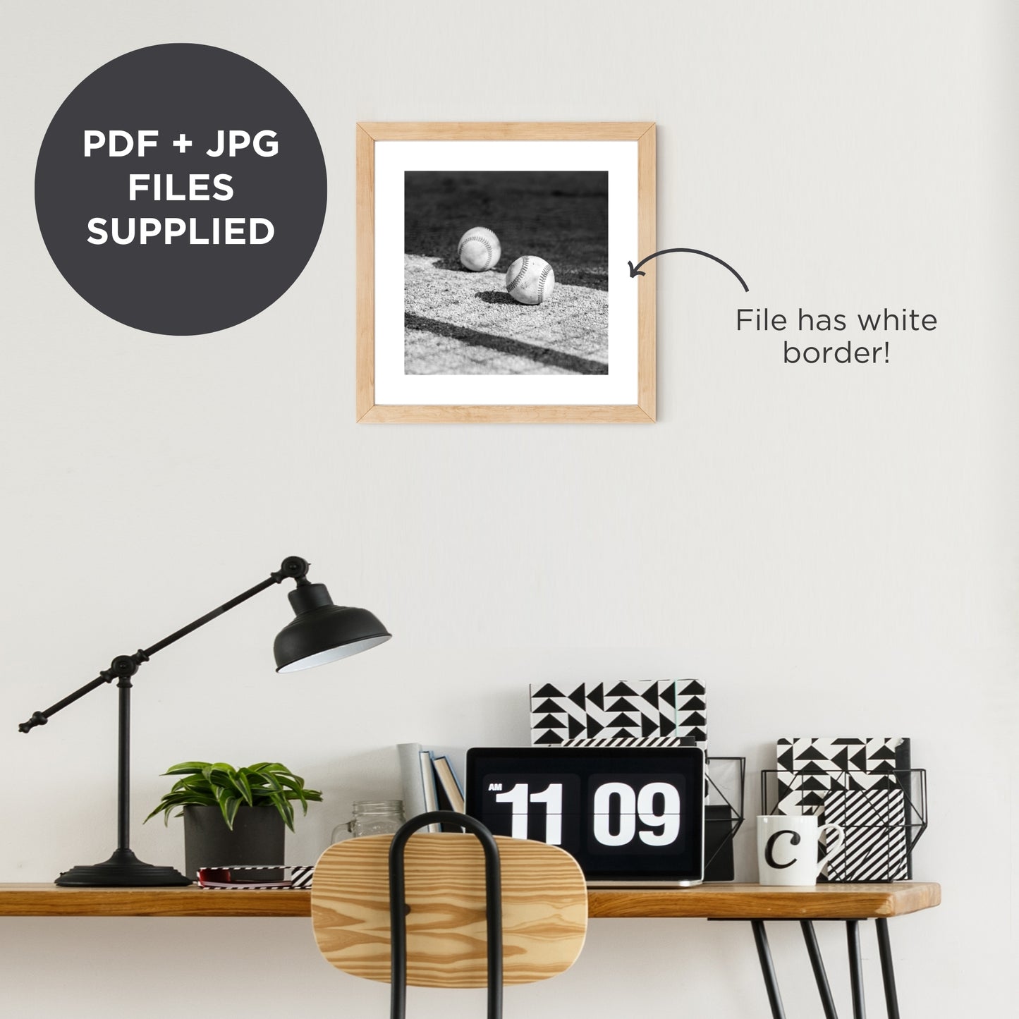 Baseballs Poster in Black & White SQUARE Instant Download