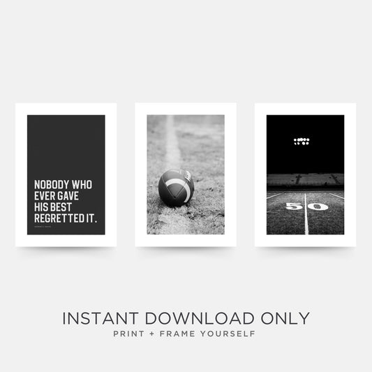 NFL American Football + Quote Set of 3 Posters in Black & White DIGITAL