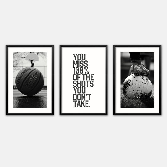 Soccer + Basketball + Quote Set of 3 in Black & White